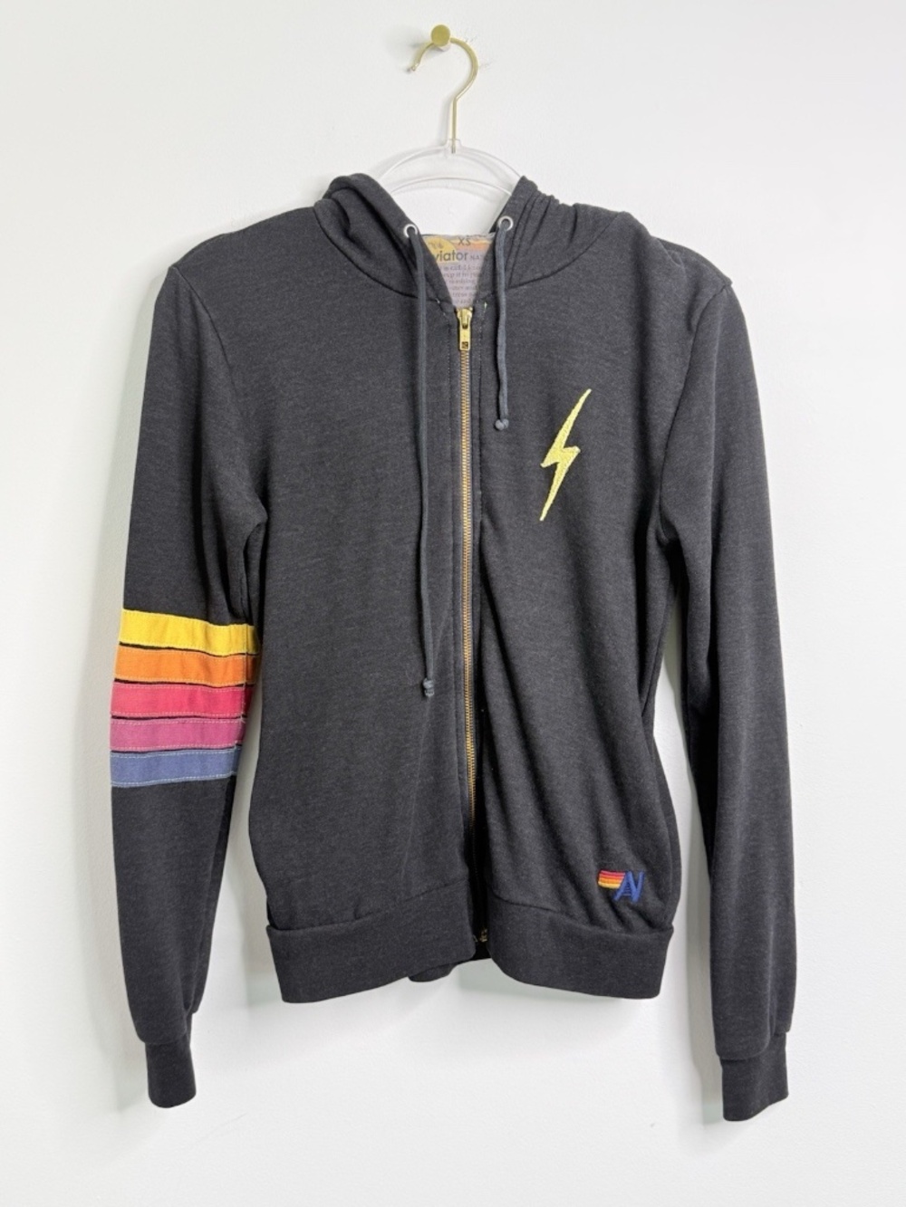 Aviator Nation Washed Black Gray Sz XS Rugby Stripe Bolt Stitch Zip Up Hoodie CA
